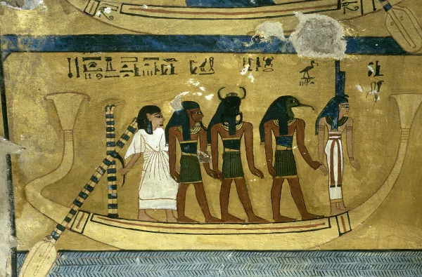 Sonnenbarke, Detail aus dem Buch der Toten, Wandmalerei, Grab von Anurekha, ca. 1186-1146 v. Chr., Luxor © Hervé Champollion / akg-images